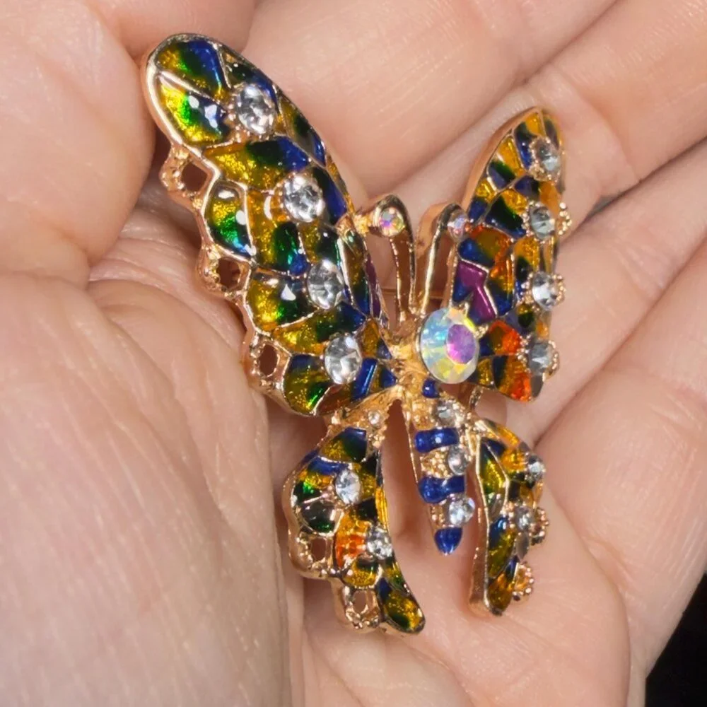 Butterfly Brooch Enamel Rhinestone Gold Tone Insect Pin 2